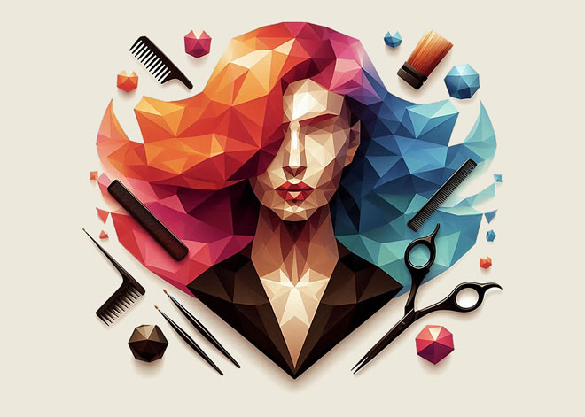 Bild im Poly Art Stil - Frauenkopf mit bunten Haaren und Friseurutensilien.