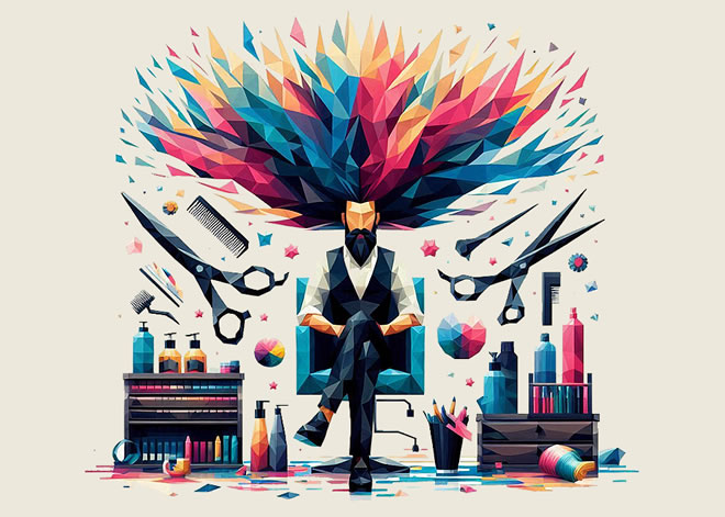 Bild im Poly Art Stil - Mann mit bunten wilden Haaren der entspannt im Friseurstuhl sitz.